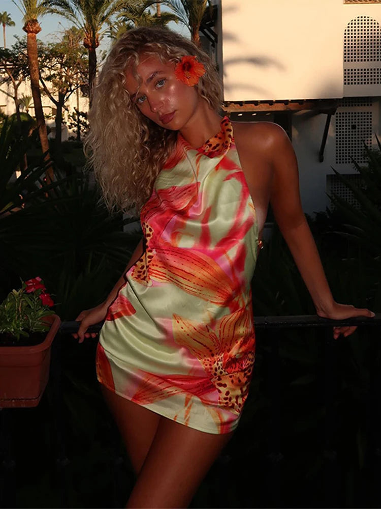 Fashion Stain Floral Print Mini Dress For Women Vacation Backless Sleeveless Hater Short Dress Female Summer Chic Beach Vestidos