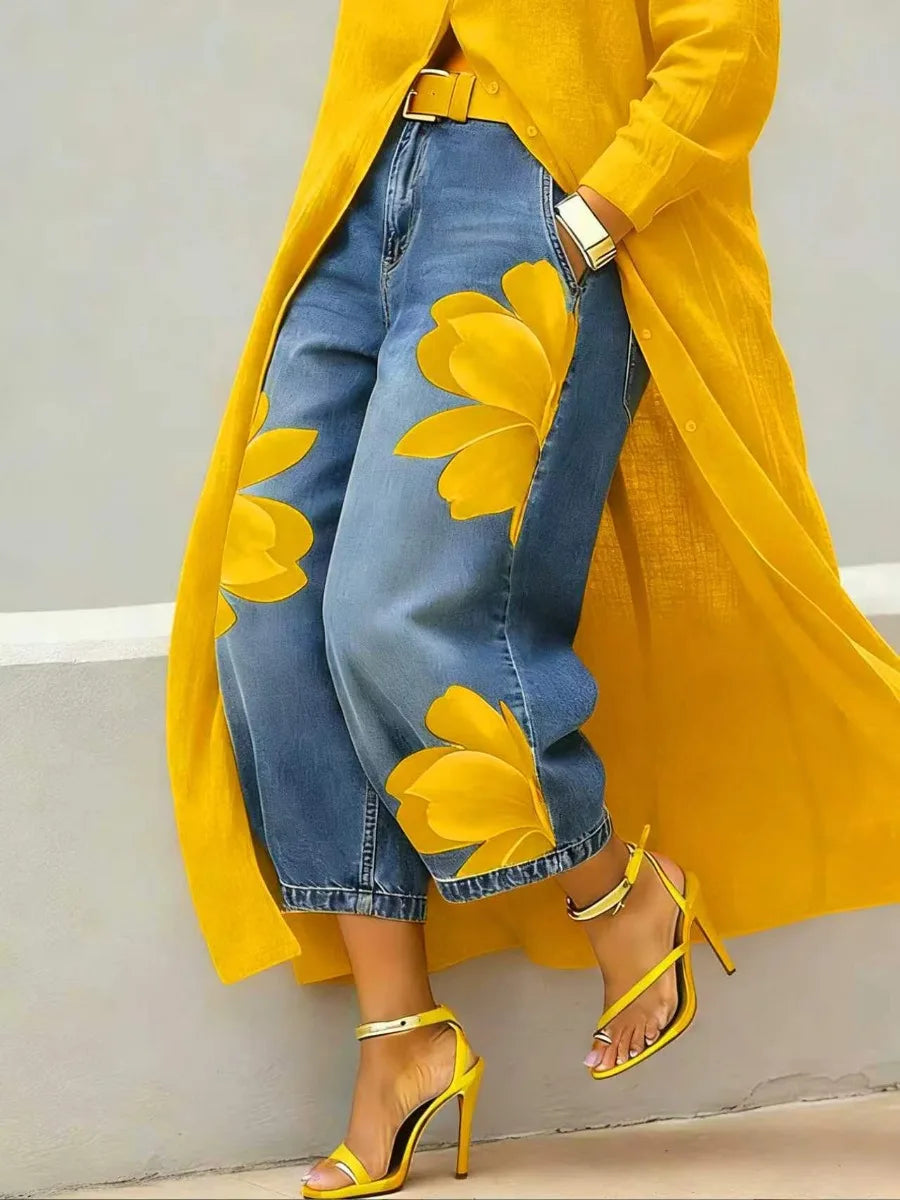 Streetwear Women's Floral Print High Waist Jeans Loose Fit Cropped Wide Leg Denim Pants Casual Trendy Plus Size Trousers