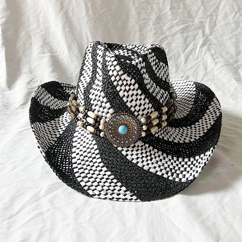 Handmade Color Matching Sun Hat Characteristic Ethnic Style Western Cowboy Straw Hat Black and White Two-color Woven Beach Hat
