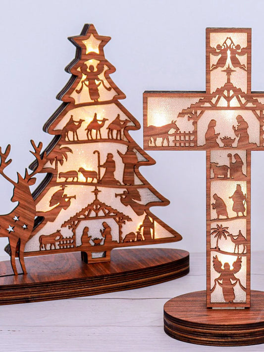 3pcs Christmas Tree Shape Luminous Wooden Nativity Scene Ornaments Elk Christmas Decorations Ornaments Party Decorations
