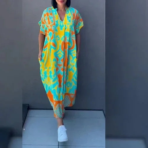 Women's Short-sleeve New V-neck Print Casual Dress Summer Fashion Elegant Office Party Holiday Women Clothes Dresses Robe Femme