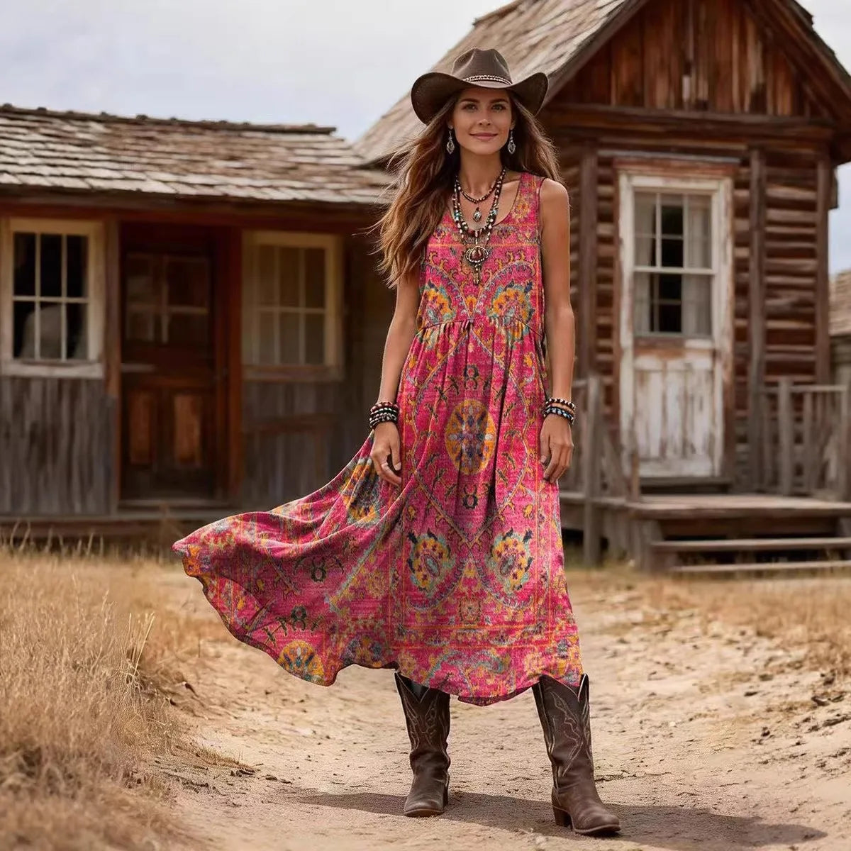 European and American Bohemian Style Retro Printed Sleeveless Long Skirt, Loose Casual Vacation Style, Ethnic Style Vest Dress