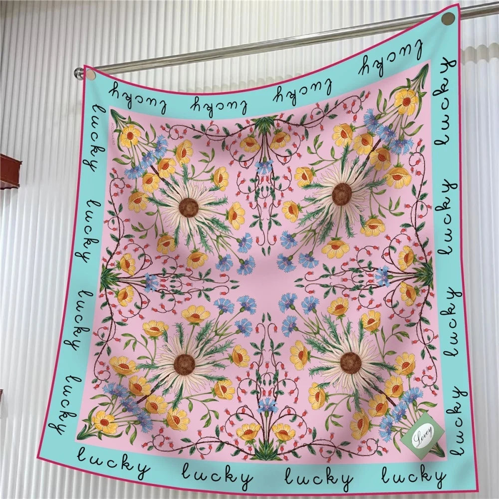Silk Scarf Women Floral Printed Square Scarves Head Echarpes Silk Foulards Femme Wraps Beach Shawls Bandana Lady Hijabs 90CM