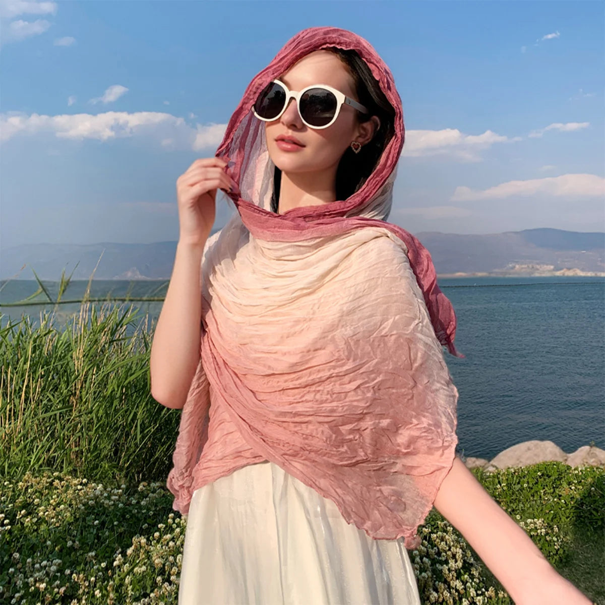 Women's Gradient Color Linen Scarf for Travel Fashionable Versatile Casual Windproof Sand Proof Headscarf Women's Shawl