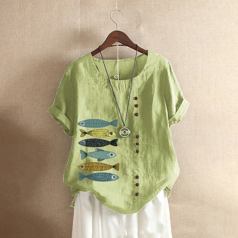 Women Cotton Linen Blouse Shirts Summer O-Neck Short Sleeve Vintage Floral Print Loose Tops WYLP-AL620409060860