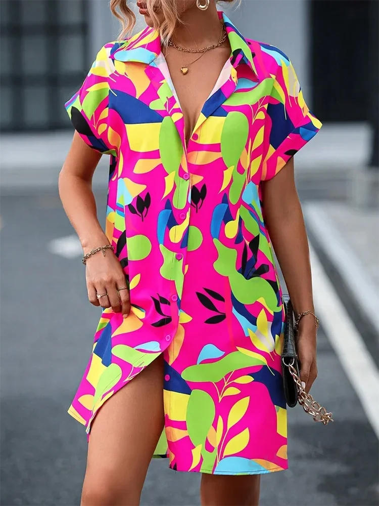 New Summer Everyday Casual Women's Short Sleeve Shirt Dress  Sweet Fashion Single-breasted Dress Floral Print Elegant Dress