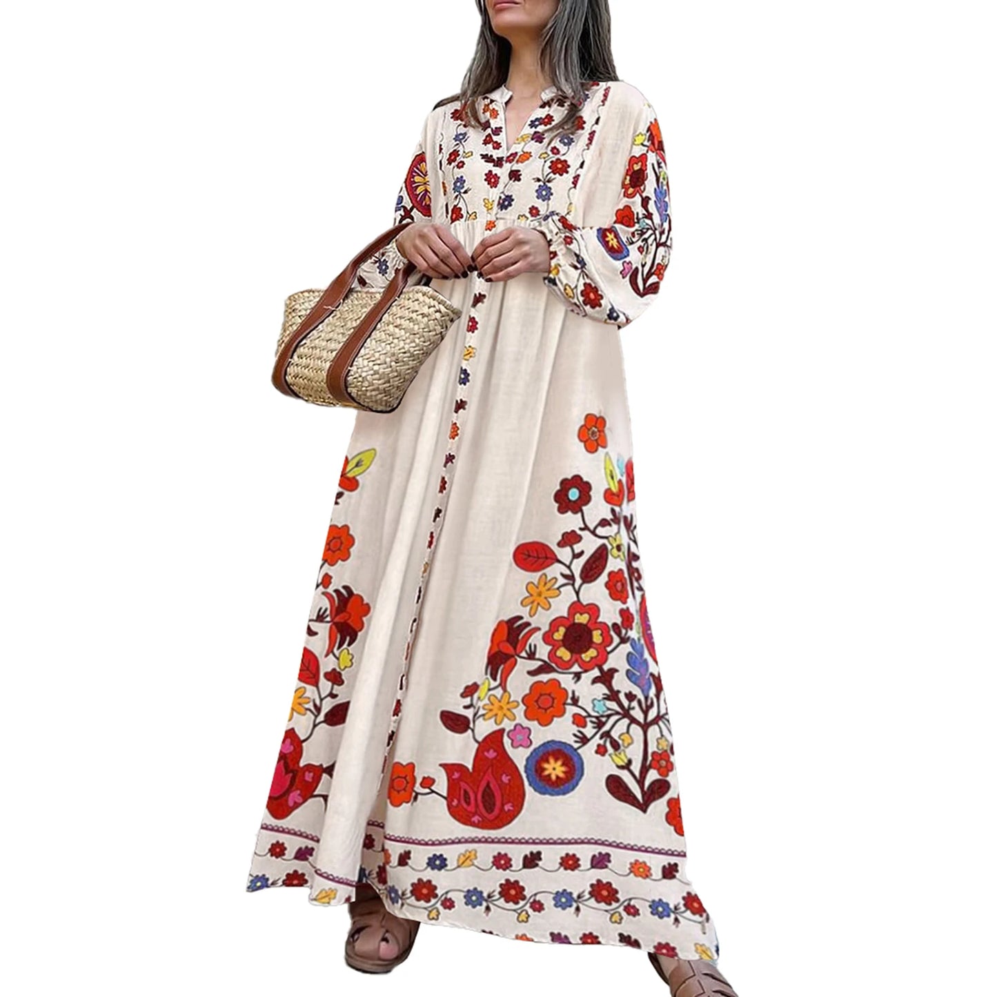 Summer V-neck Flower Print Loose Casual Fall Swing Dress Women Long Dress Long Sleeve Dress
