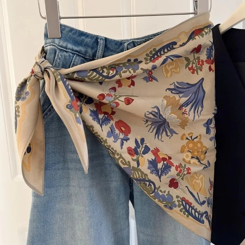 New Multi-functional Floral Triangle Scarf Matching Pants Silk Satin Waist Belt Women's Necktie Summer