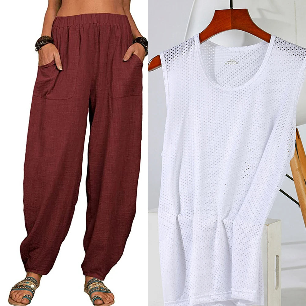 Casual Women Harem Pants Summer Female Cotton Linen Loose Wide Leg Long Pants Homewear LRFZ-922