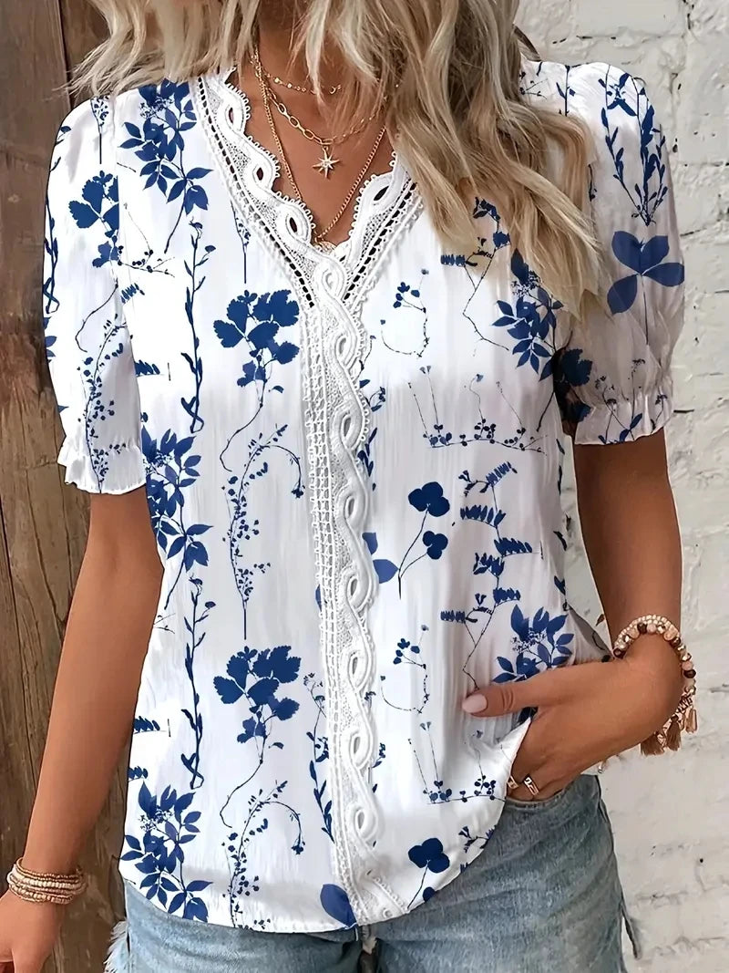 Fashion Casual Vacation Shirt Women Summer V Neck Hollow Out Solid Color Blouse Female Elegant Striped Jacquard Casual Tops