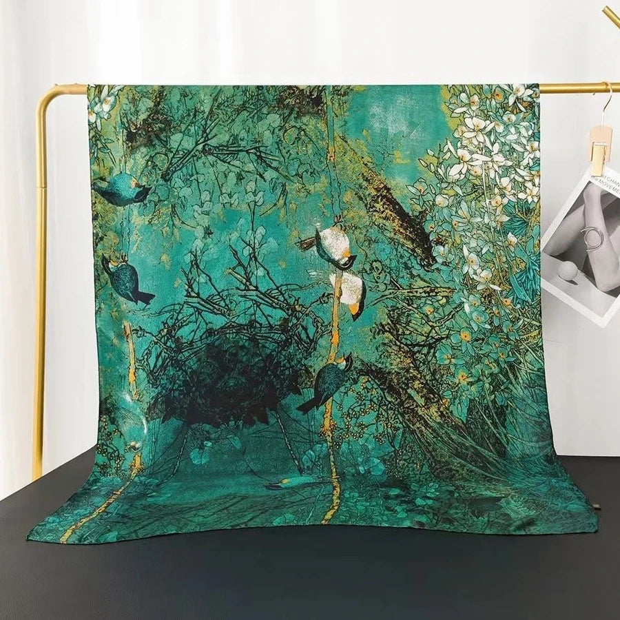 Green Peacock Feather Hijab Summer Beach Pareo Silk Scarf Women Luxury Bandana Soft Long Foulard Femme Designer Bufandas Mujer