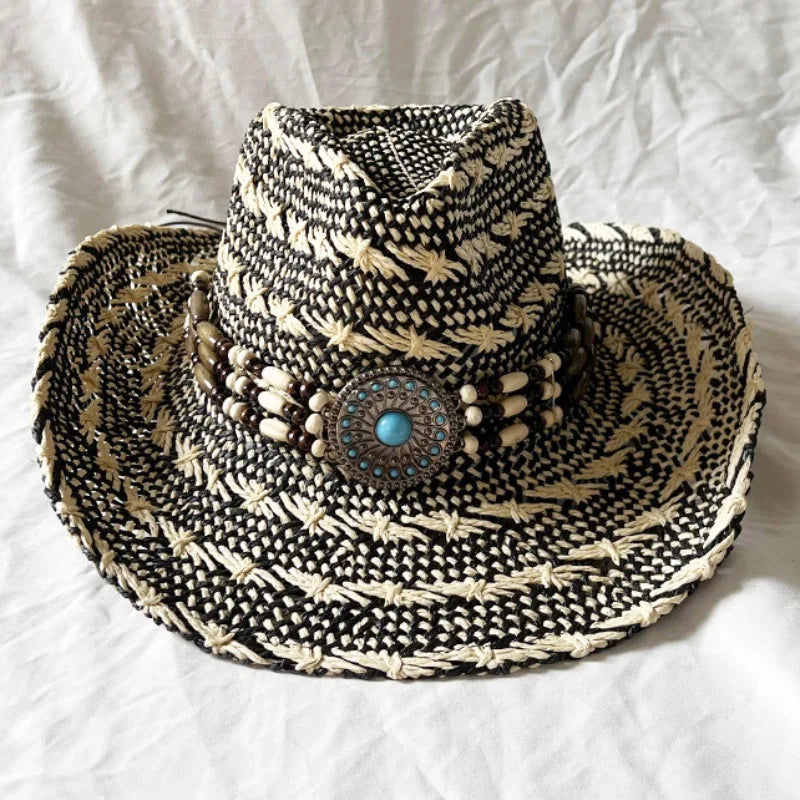 Handmade Color Matching Sun Hat Characteristic Ethnic Style Western Cowboy Straw Hat Black and White Two-color Woven Beach Hat