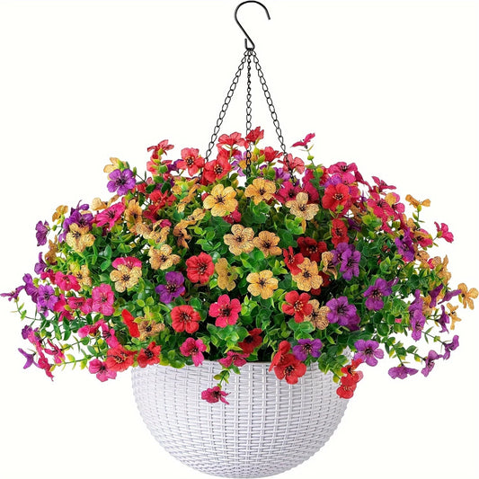 Fake Hanging Flowers With Basket -Artificial Flowers, Outdoor/Indoor Patio Lawn Decor, Artificial Hanging Plants For Wall, , Roo