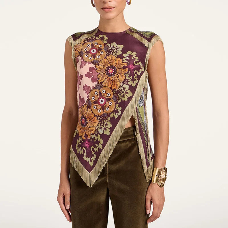 Fashion Floral Print Top With Fringe Trim For Women Vintage O-neck Sleeveless Asymmetric Hem Satin Blouse Lady 2026 Chic Tops