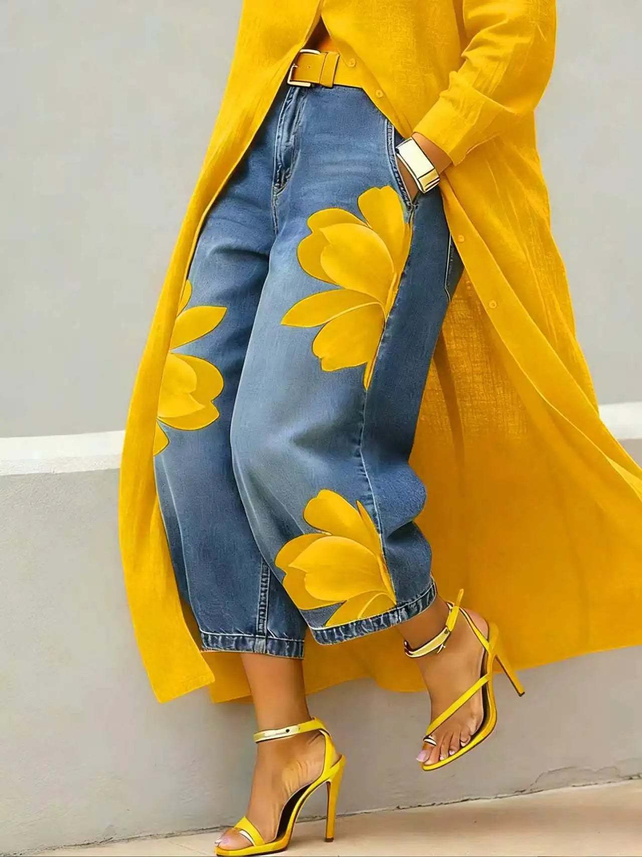 Streetwear Women's Floral Print High Waist Jeans Loose Fit Cropped Wide Leg Denim Pants Casual Trendy Plus Size Trousers