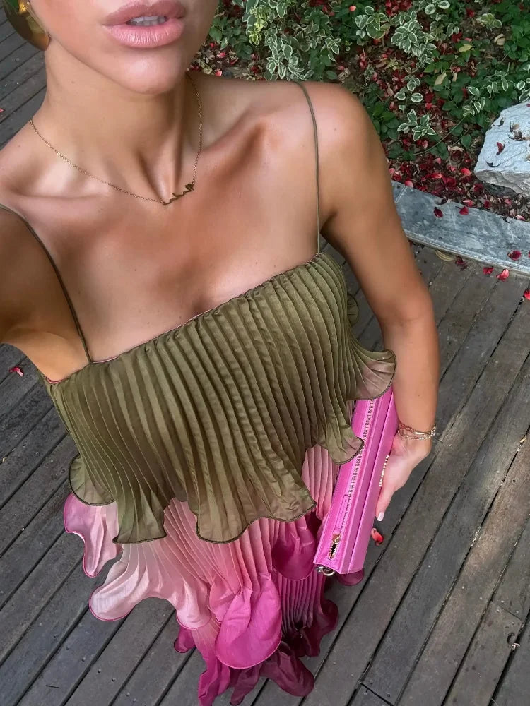 Chic Multicolored Pleated Women Maxi Dress Elegant Spaghetti Strap Ruffle Tiered Flowy Vestidos 2026 Summer Lady Vacation Outfit