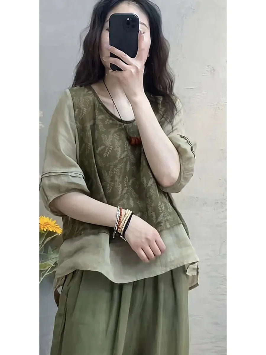 Faionable Cotton Linen Set Women's Summer New Print Patchwork Slimming Two-Piece Top Harlan Pants Fake Two-Piece Suit