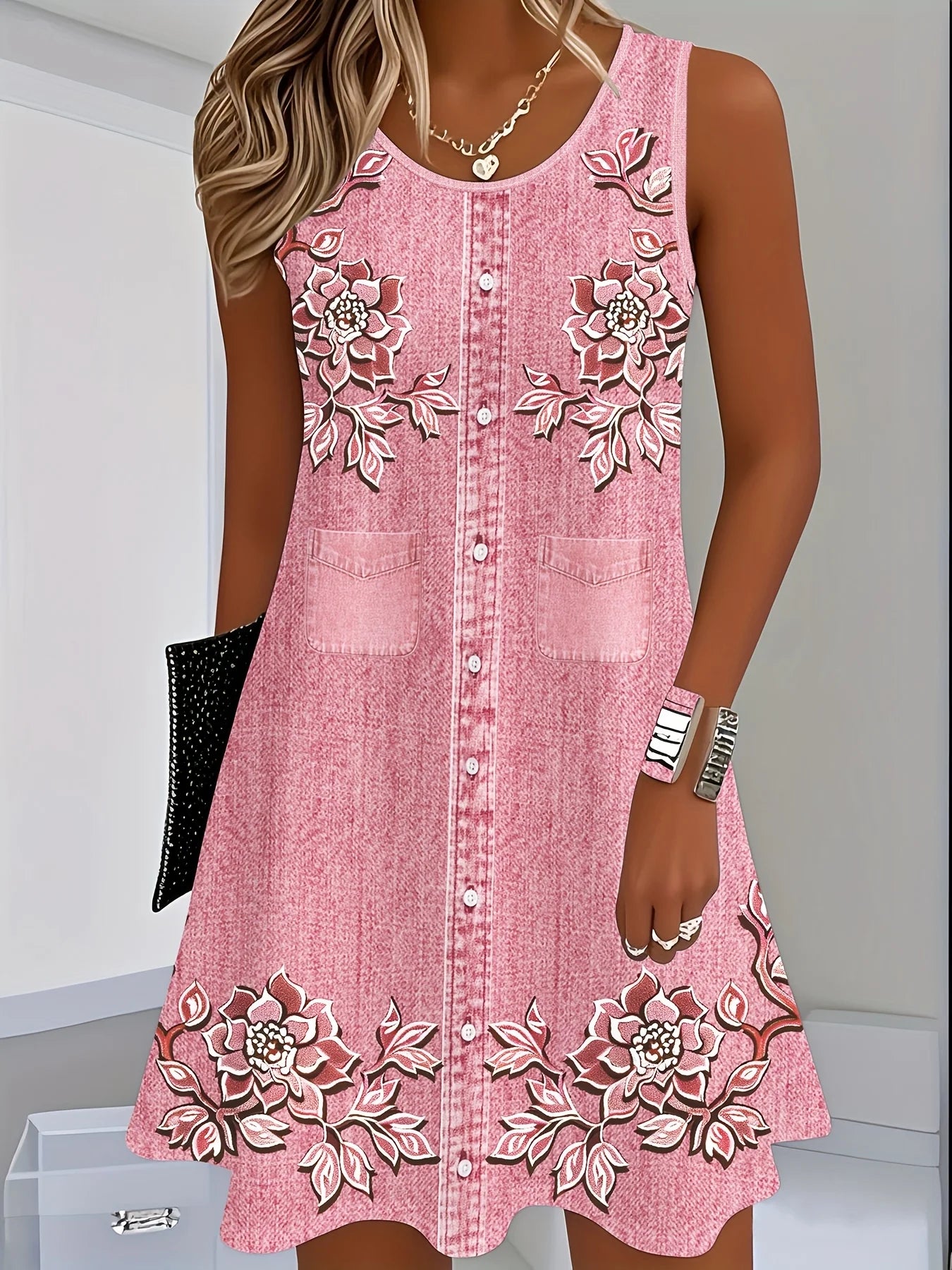 Women's Casual Floral Digital Print Imitation Denim Dress, Round Neck, Silky Fiber, Blue White Summer Dress, Regular Fit