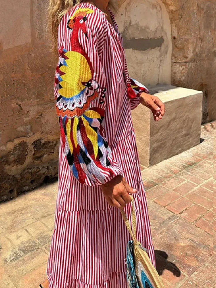 2024 Autumn Fashion New Women's Loose Long Sleeve Striped Splicing V-neck Lantern Sleeve Printed Loose Long Dress