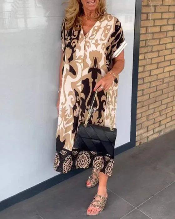 Women's Short-sleeve New V-neck Print Casual Dress Summer Fashion Elegant Office Party Holiday Women Clothes Dresses Robe Femme