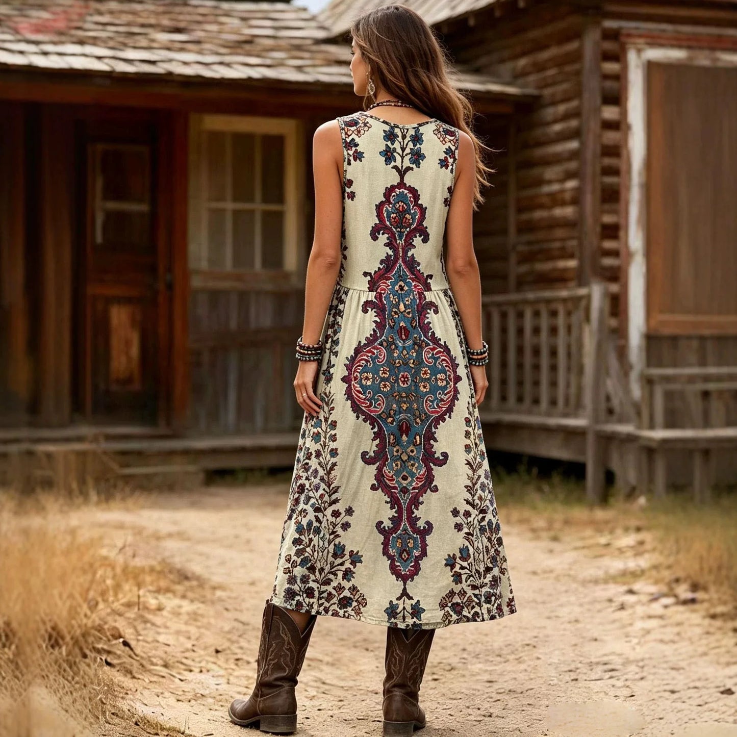 European and American Bohemian Style Retro Printed Sleeveless Long Skirt, Loose Casual Vacation Style, Ethnic Style Vest Dress