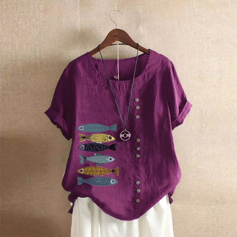 Women Cotton Linen Blouse Shirts Summer O-Neck Short Sleeve Vintage Floral Print Loose Tops WYLP-AL620409060860