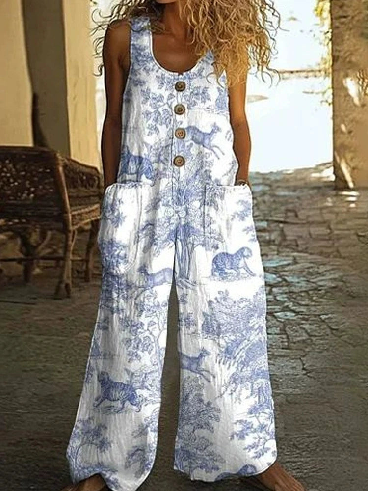 Vintage Print Buttons Sleeveless Jumpsuits Women Summer New Fashion Temperament Loose Wide Legs Jumpsuit Lady Commuting Clothing