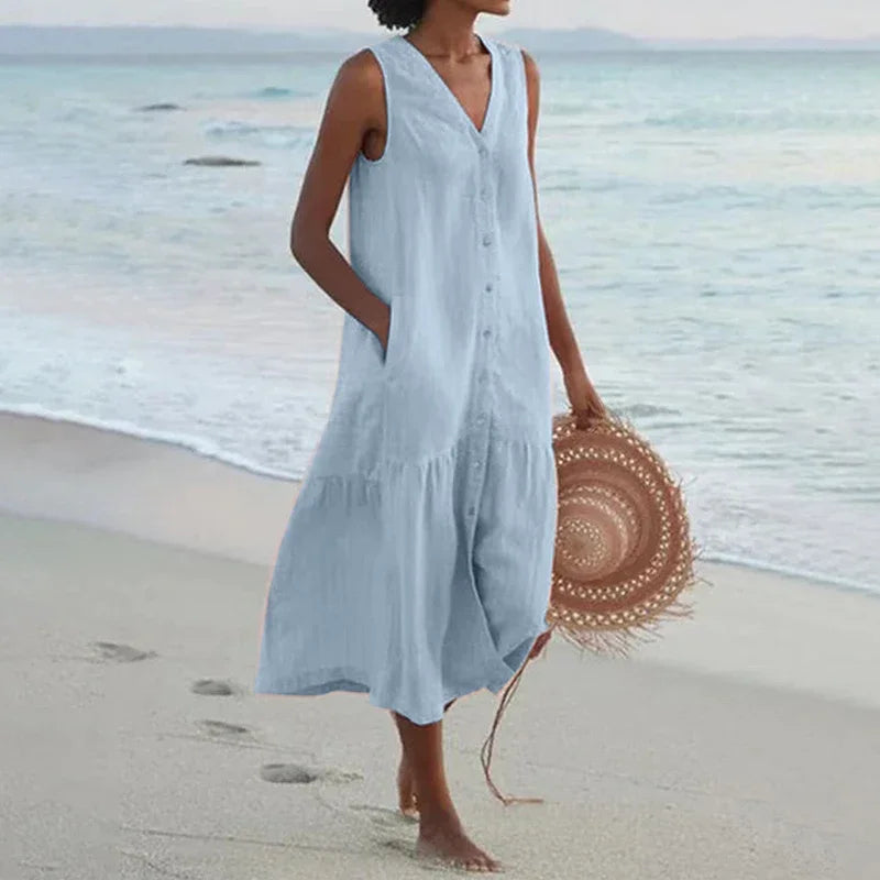 Summer Loose Casual Patchwork Cotton Linen Pocktes Dress V Neck Beach Style Dress Sleeveless Vintage Club Midi Solid Women Dress