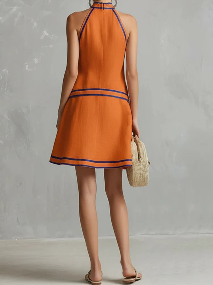 Contrast Color Elegant Off Shoulder Sleeveless A-Line Halter Neck Mini Dress Y2K Summer Fashion Vacation Party Vestidos