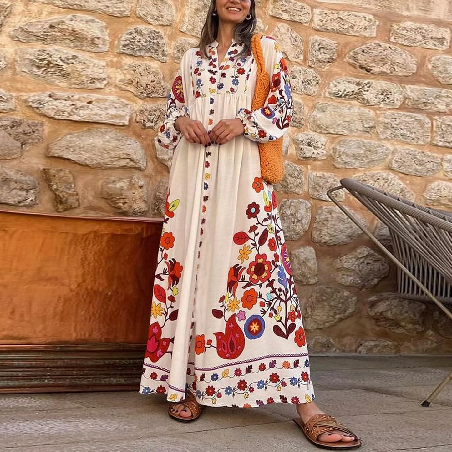 Summer V-neck Flower Print Loose Casual Fall Swing Dress Women Long Dress Long Sleeve Dress