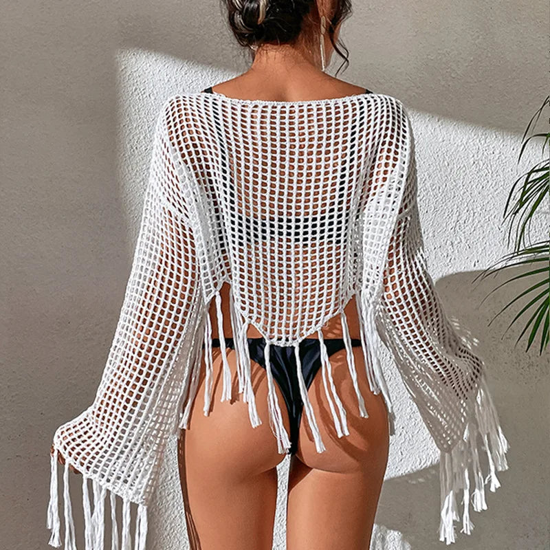 See Through Hollow Out Bikini Cover Ups Tops Women Beachwear Flared Long Sleeve Tassel Smock Crop Tops Swimsuit Cover-Up