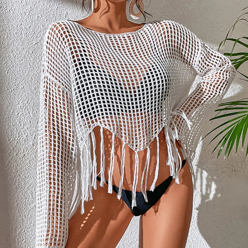 See Through Hollow Out Bikini Cover Ups Tops Women Beachwear Flared Long Sleeve Tassel Smock Crop Tops Swimsuit Cover-Up