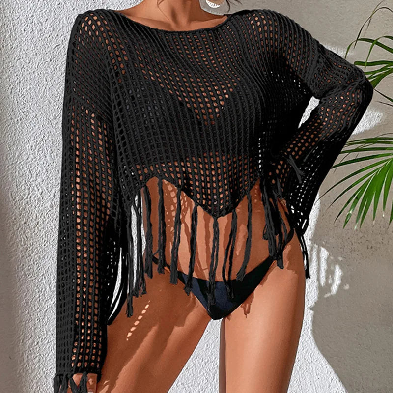 See Through Hollow Out Bikini Cover Ups Tops Women Beachwear Flared Long Sleeve Tassel Smock Crop Tops Swimsuit Cover-Up