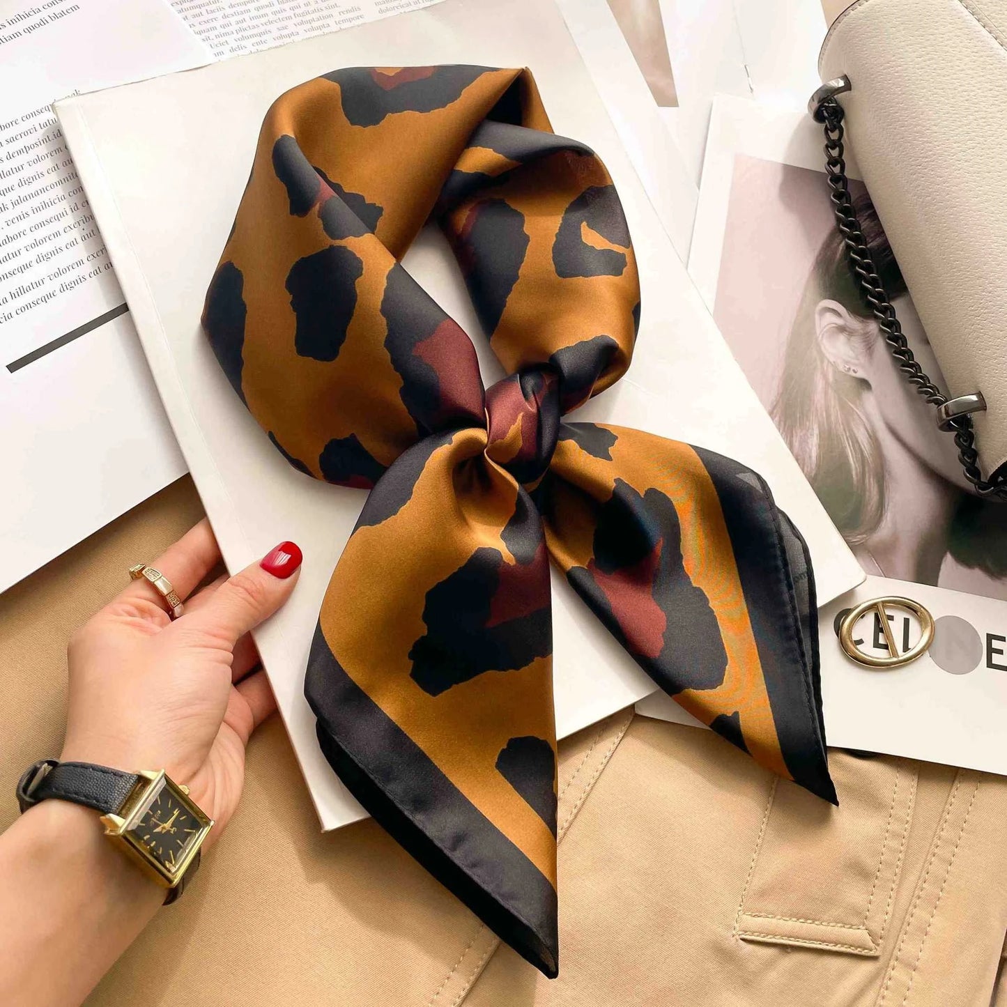 70cm Leopard Print Silk Square Scarf for Women Satin Shawl Fashion Wraps Neckerchief Female Hair Bands Ribbon Headband Bandana