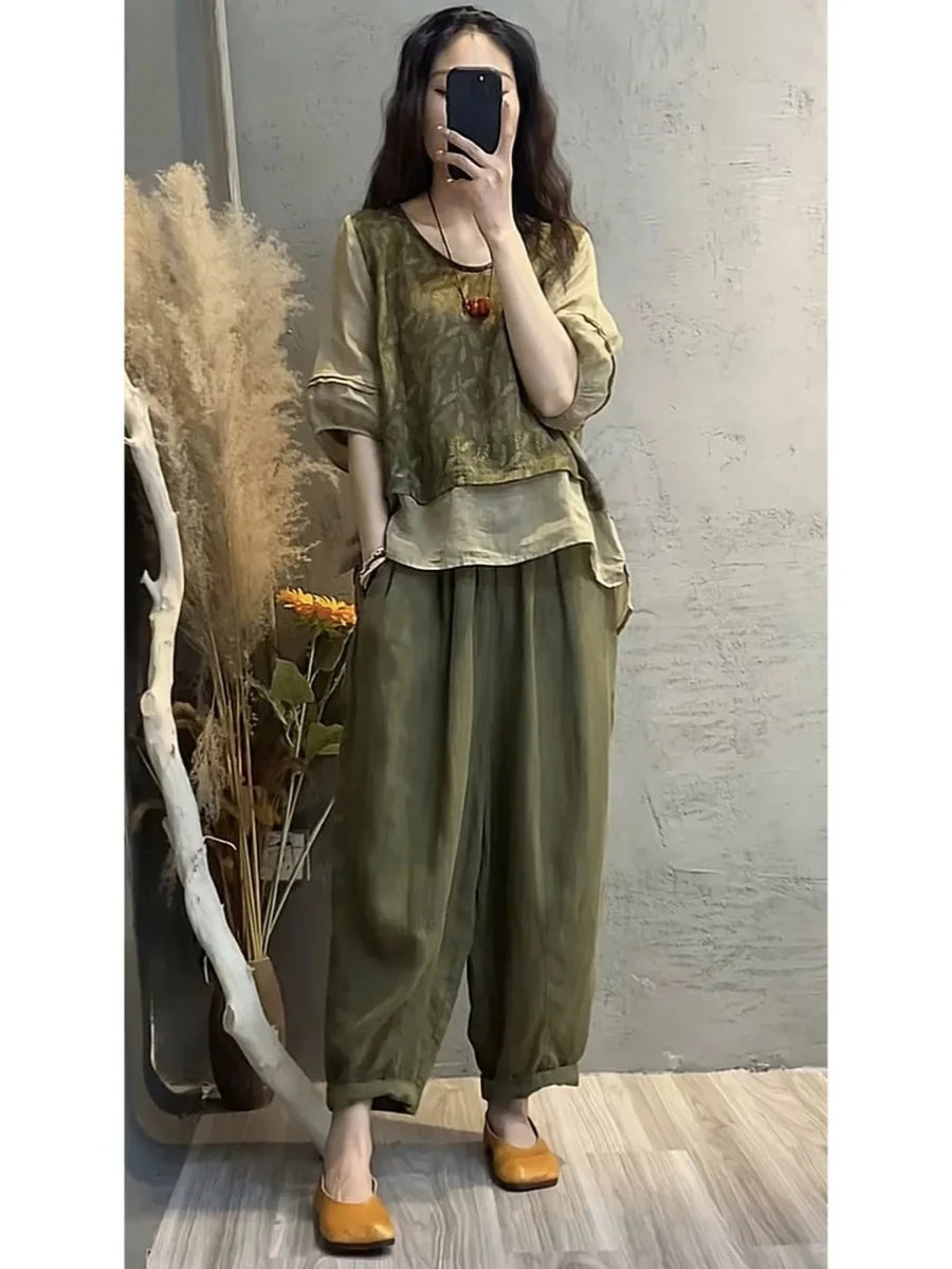 Faionable Cotton Linen Set Women's Summer New Print Patchwork Slimming Two-Piece Top Harlan Pants Fake Two-Piece Suit