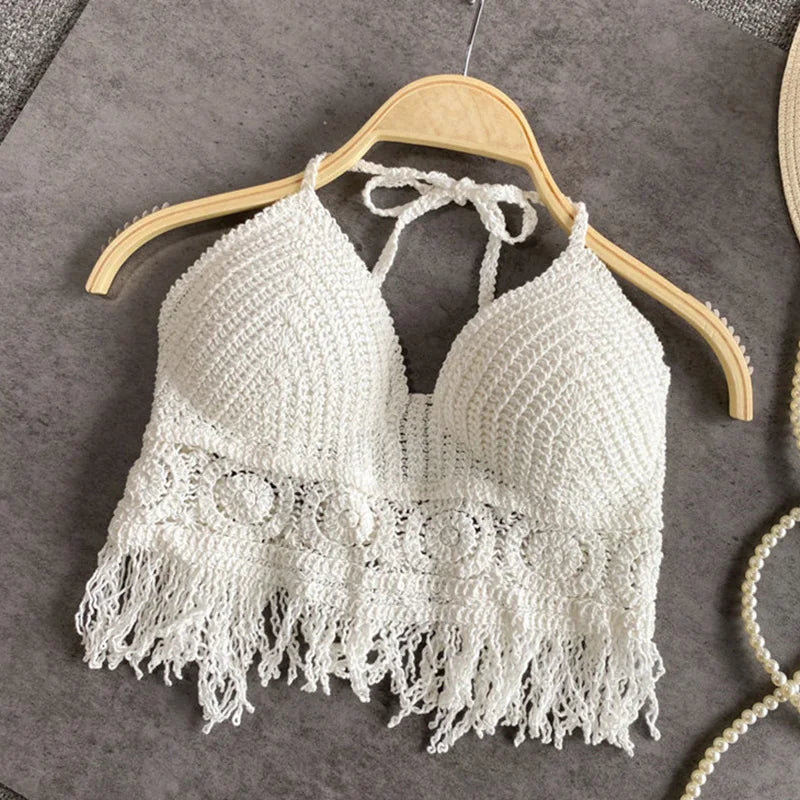 Sexy Boho Beach Holiday Camisole Halter Women Crochet Knit Swimsuit Bra Backless Vest Hollow Tassel Tank Top Women's Crop Tops