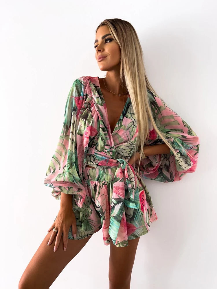 Sexy Deep V Neck Jumpsuit For Women Summer Casual Boho Beach Vacation Outfit Fashion Print Lantern Sleeve Rompers Shorts Women's