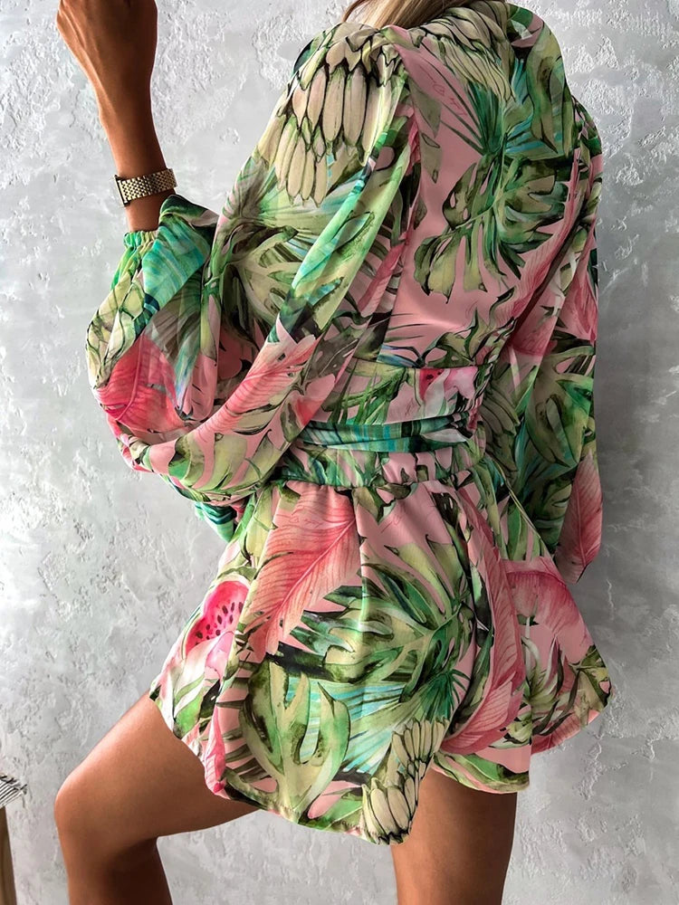 Sexy Deep V Neck Jumpsuit For Women Summer Casual Boho Beach Vacation Outfit Fashion Print Lantern Sleeve Rompers Shorts Women's