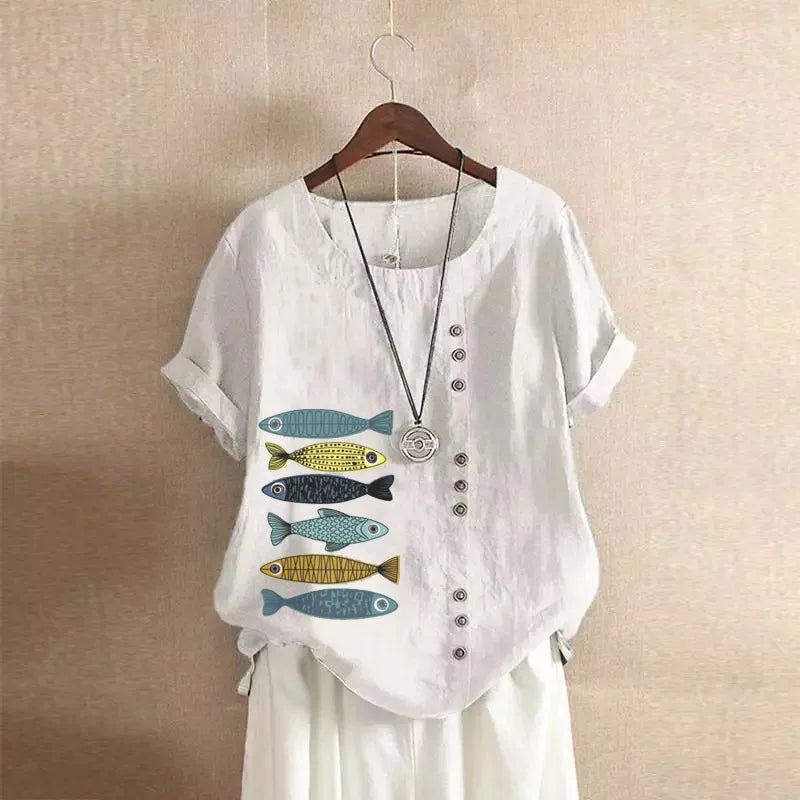 Women Cotton Linen Blouse Shirts Summer O-Neck Short Sleeve Vintage Floral Print Loose Tops WYLP-AL620409060860