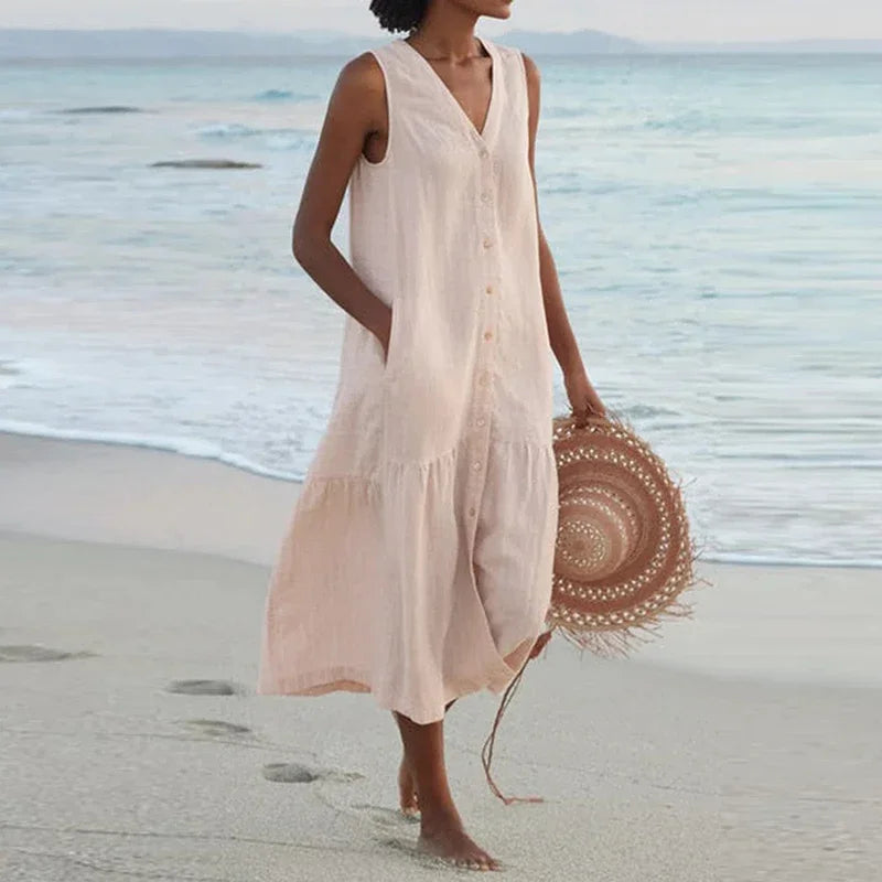 Summer Loose Casual Patchwork Cotton Linen Pocktes Dress V Neck Beach Style Dress Sleeveless Vintage Club Midi Solid Women Dress