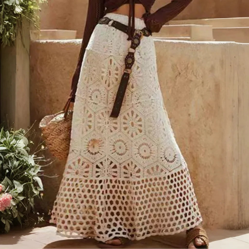 Cotton Floral Crochet Knitted Lace Skirt For Women Vintage Hollow Out Elastic Waist Skirts Summer Holiday Long  Boho Beach Falda
