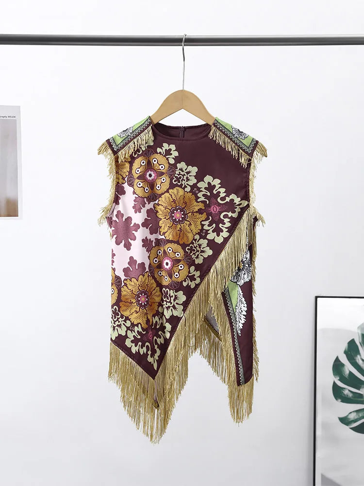 Fashion Floral Print Top With Fringe Trim For Women Vintage O-neck Sleeveless Asymmetric Hem Satin Blouse Lady 2026 Chic Tops