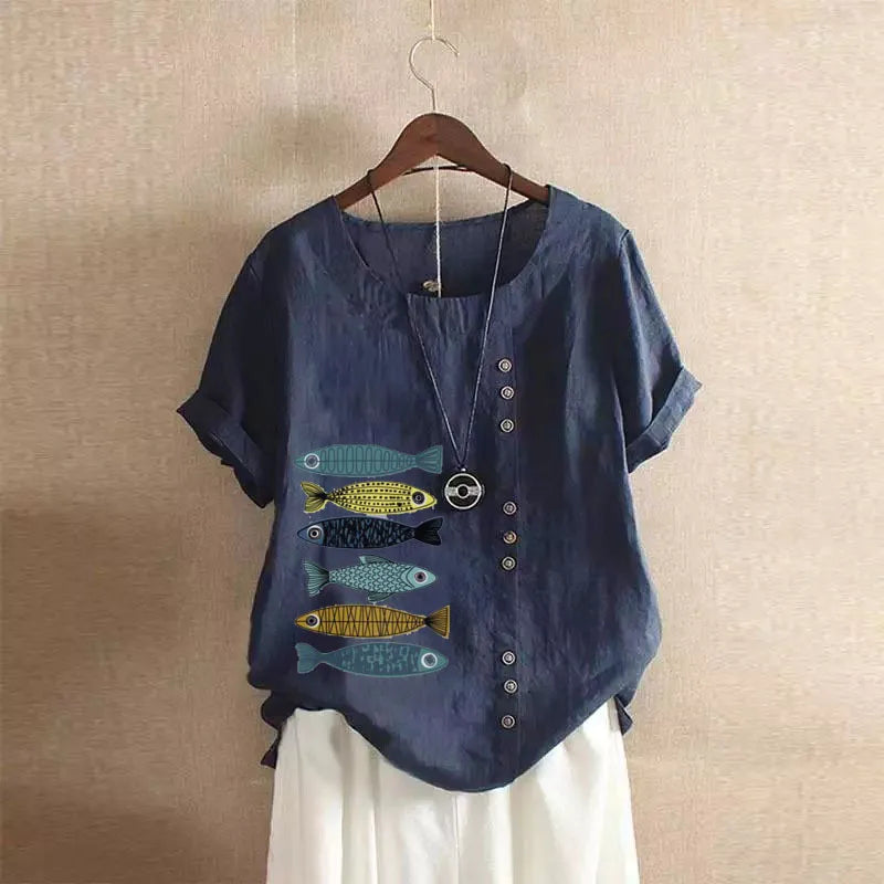 Women Cotton Linen Blouse Shirts Summer O-Neck Short Sleeve Vintage Floral Print Loose Tops WYLP-AL620409060860