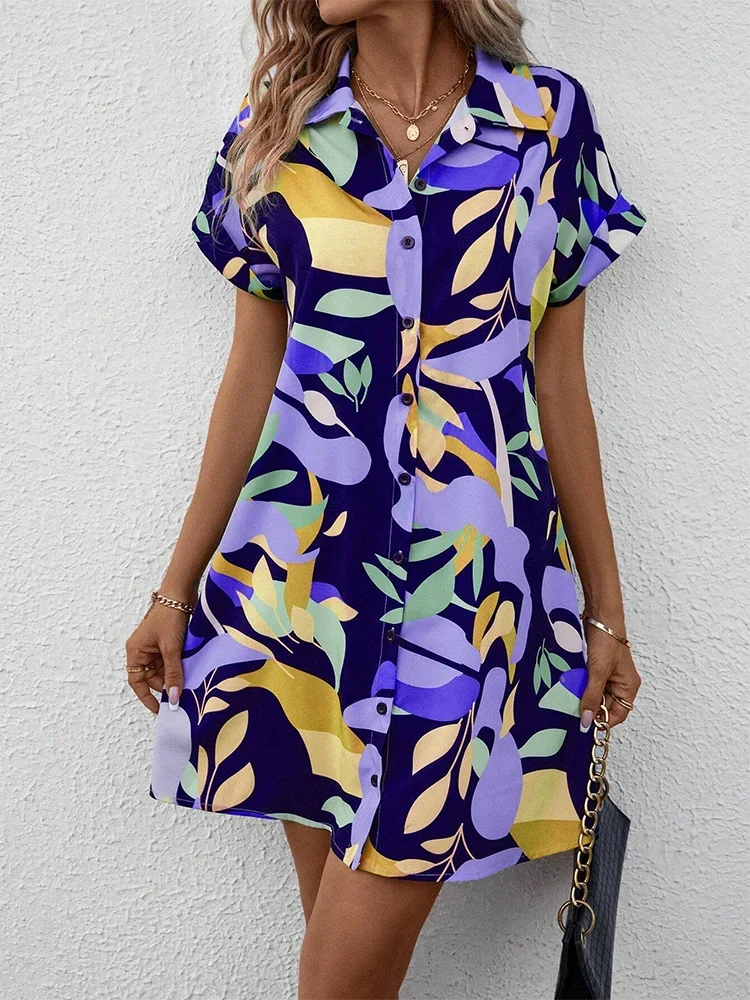 New Summer Everyday Casual Women's Short Sleeve Shirt Dress  Sweet Fashion Single-breasted Dress Floral Print Elegant Dress