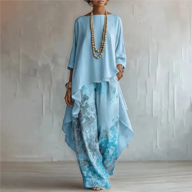 Boho Women's Spring Summer New Two-piece Set Suit Vintage Printed Irregular O Neck Versatile Casual Loose 2-piece Set For Women
