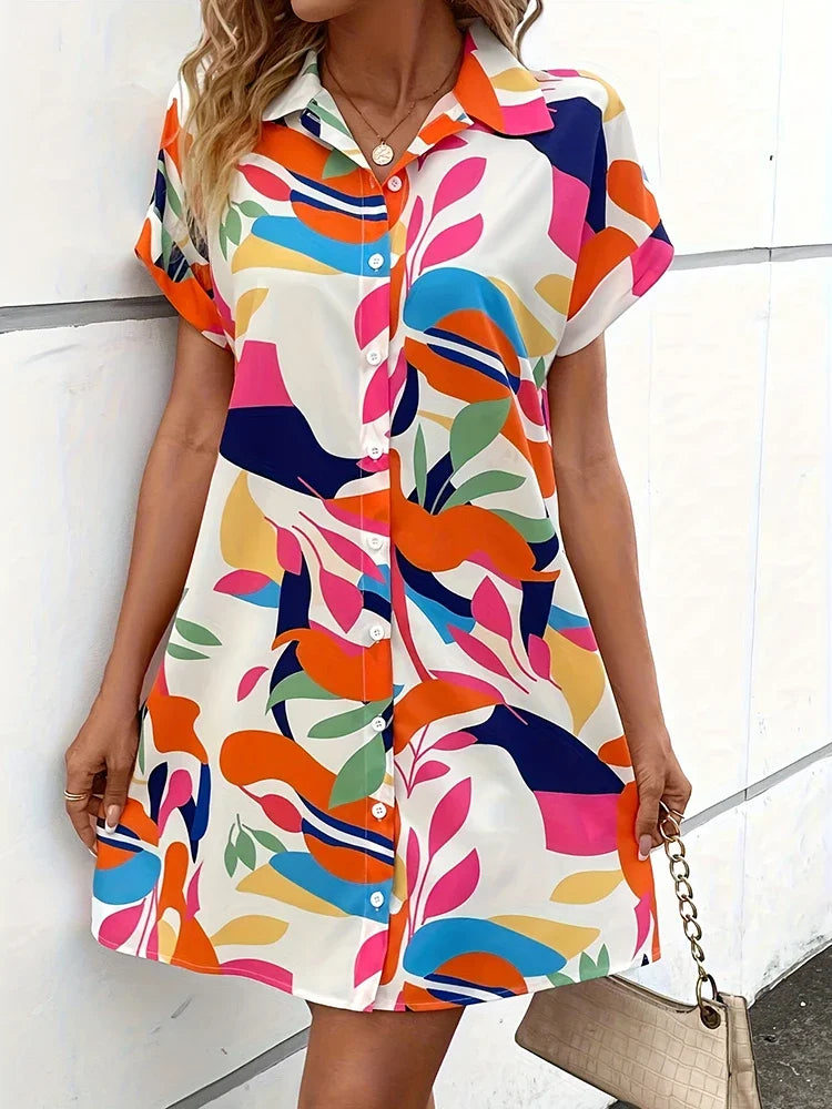 New Summer Everyday Casual Women's Short Sleeve Shirt Dress  Sweet Fashion Single-breasted Dress Floral Print Elegant Dress