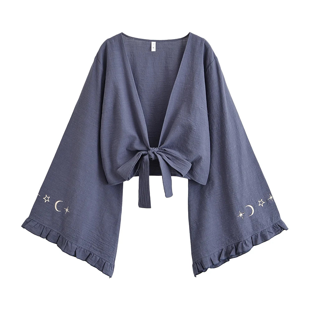 Boho Queens Women Star Moon Embroidery Ruffles Flare Sleeve Short Bohemian Kimono Vacation Beach Summer Bikini Boho Cover-ups
