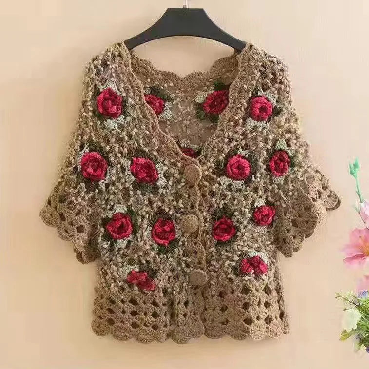 Three-Dimensional Flower Openwork Crocheted Sweater Cardigan Women's Spring And Autumn New Heavy Industry Joker Sweater 3XL Coat
