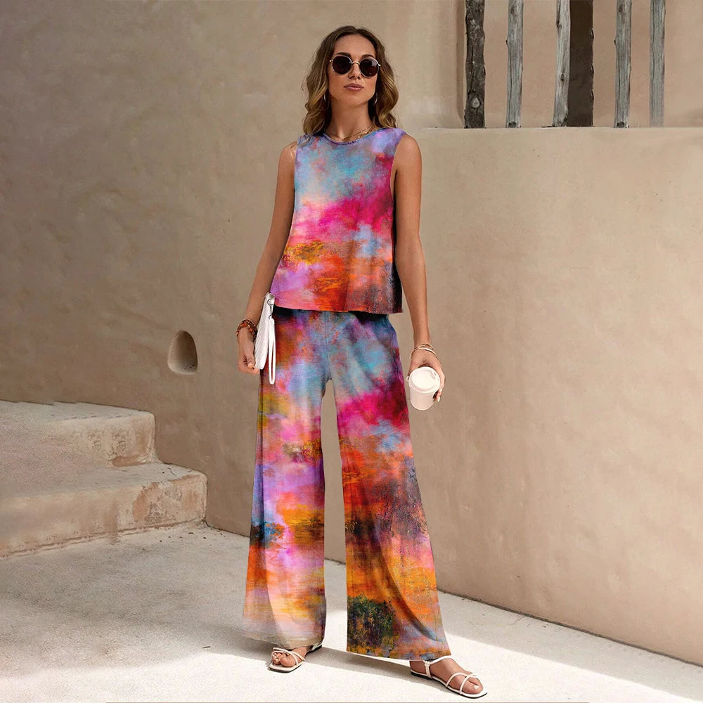 Harajuku Colorful Floral Pattern Print 2 Piece Womens Elegant O Neck Pullover And Straight Leg Pants Set Spring Summer Beach Set