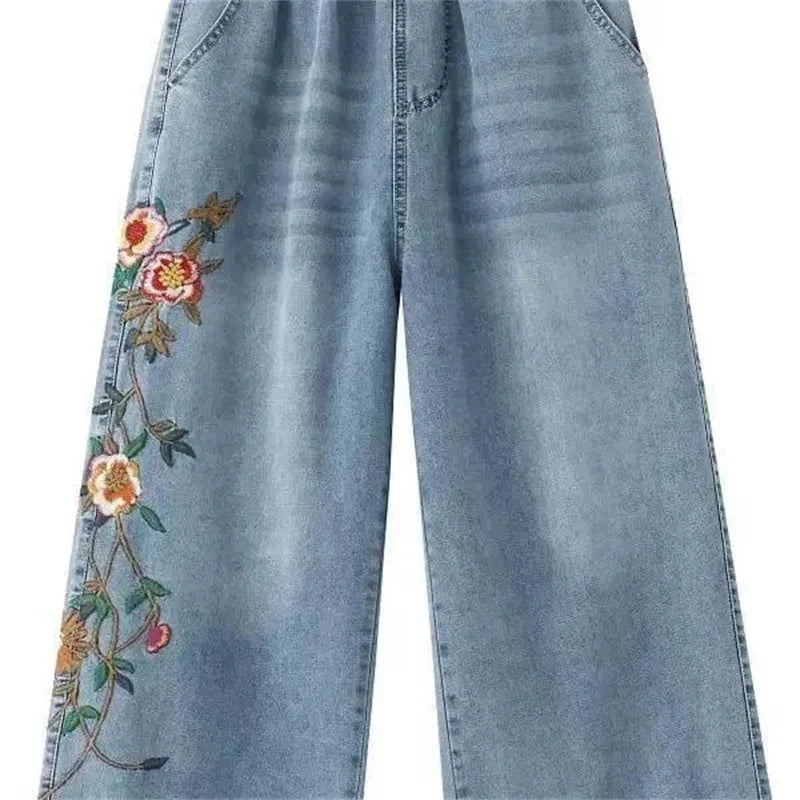 Artistic retro Heavy industry Embroidered Denim Wide leg Pants Spring Summer 2026 New Women's Loose waist Casual Nine Fen Jeans
